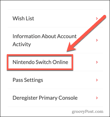Configurações de site online do Nintendo Switch