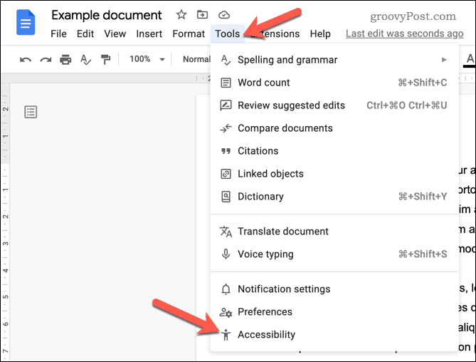 Abra o menu de acessibilidade do Google Docs