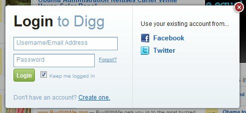 Nova tela de login do Digg