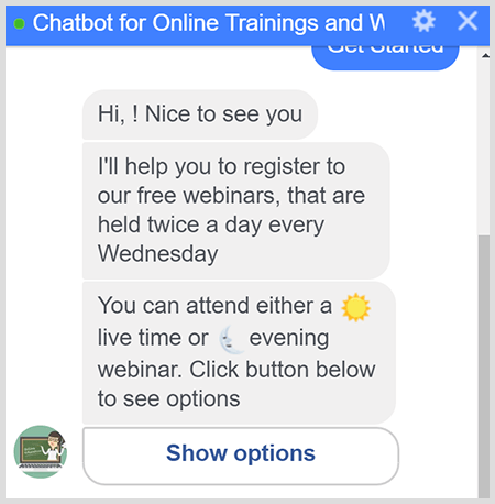 Um bot do Messenger orienta o usuário durante o registro do webinar.