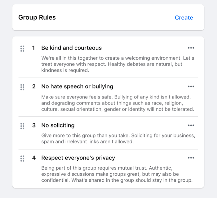 exemplo de regras definidas para um grupo do Facebook, como ser gentil, sem incitação ao ódio, sem solicitação, etc.
