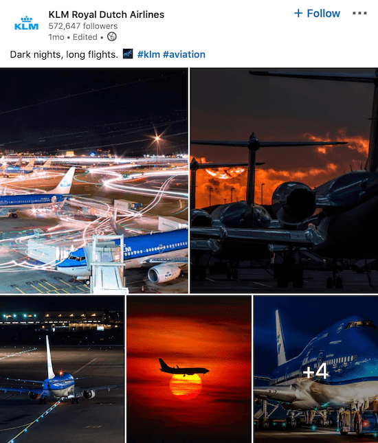 Postagem da página KLM no LinkedIn para várias fotos