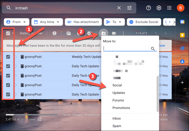 Mover e-mails para fora da pasta de lixo do Gmail