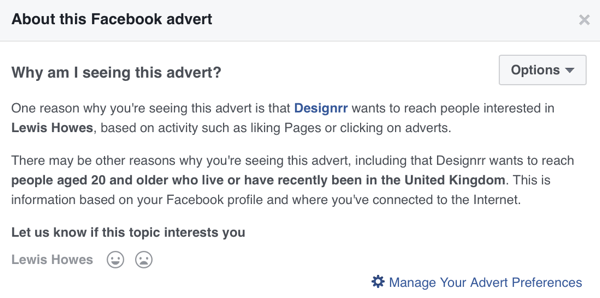 O Facebook mostrará informações detalhadas de segmentação para um anúncio do Facebook.