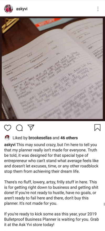 Como escrever legendas envolventes no Instagram, etapa 4, dividir legendas mais longas em parágrafos, exemplo por askyvi