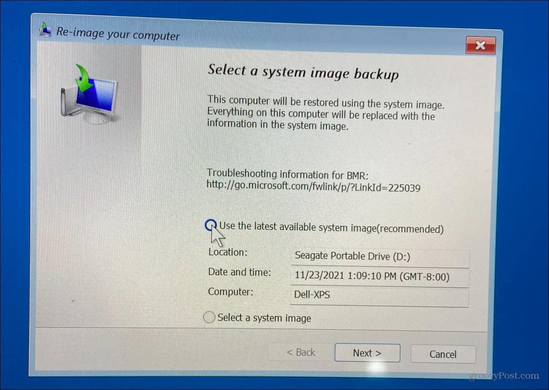 Selecione Backup de imagem do sistema