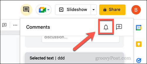 Abra as configurações de notificação de comentários no Apresentações Google