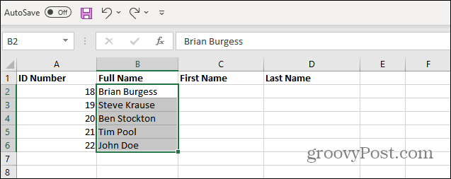 Selecione os nomes da lista do Excel