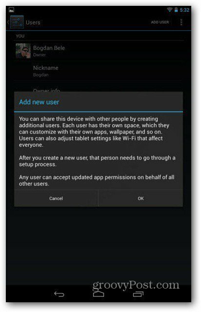 Aviso de contas de usuário do Nexus 7