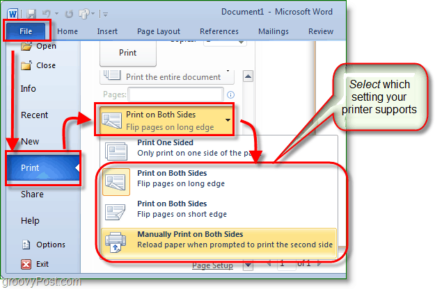 A captura de tela do Micosoft Word 2010 ajusta as configurações de impressão para imprimir nos dois lados