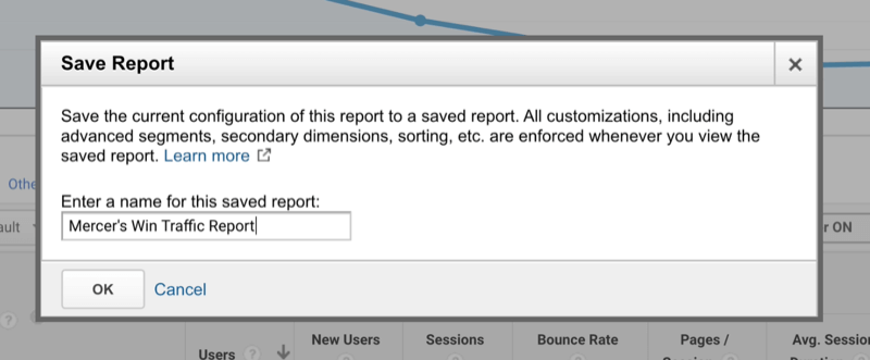 opção do google analytics para nomear um relatório personalizado salvo