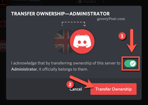 Confirme a transferência de propriedade do servidor Discord