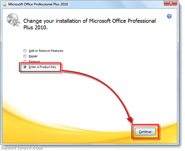 tela de chave do produto para alteração do office 2010