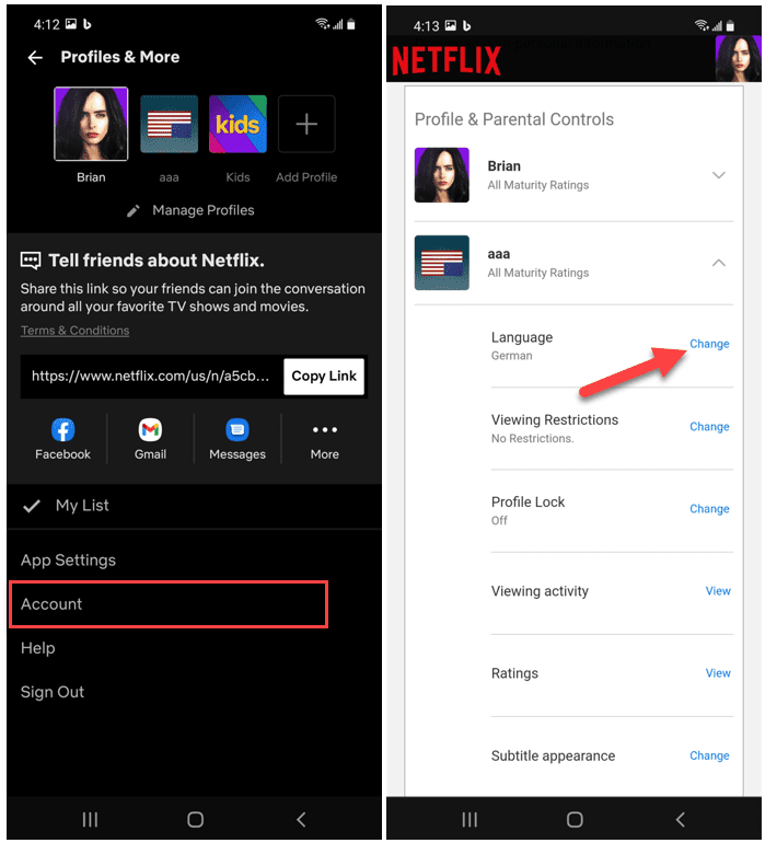 Conta do aplicativo Netflix Android