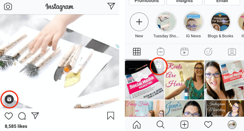 ícone de bobinas do Instagram mostrado em uma postagem de feed e em um quadrado de grade de perfil