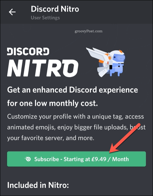 Botão de inscrição Discord Nitro Mobile