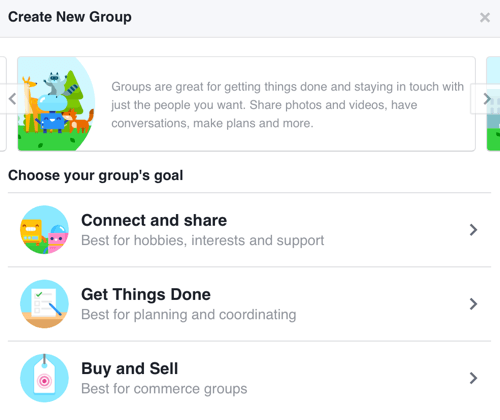 Para criar um grupo do Facebook focado na construção de uma comunidade, selecione Conectar e compartilhar.