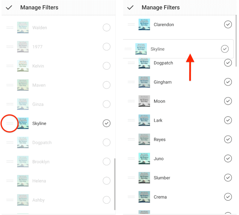 gerenciar opções de menu de filtros do Instagram mostrando barras de seleção horizontal dupla ao lado dos filtros permitindo eles sejam reordenados, e mostrando o filtro do horizonte sendo arrastado para o topo da seleção de filtro Lista