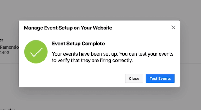 Botão de teste de eventos no Gerenciador de eventos do Facebook
