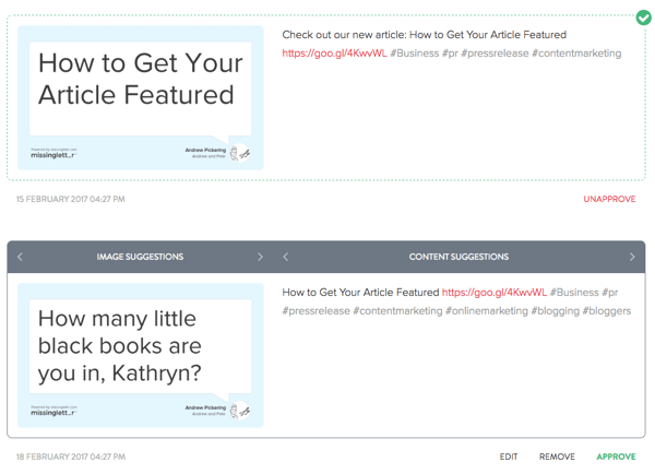 Depois que MissingLettr cria tweets sobre sua postagem no blog, você pode editar todos os tweets de sua preferência.