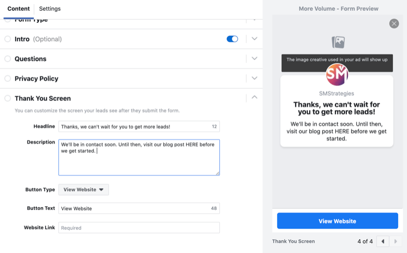 configurar tela de agradecimento para o formulário de geração de leads do Facebook