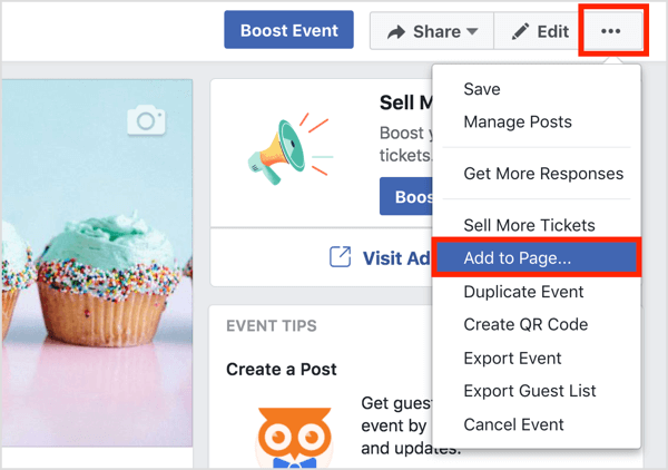Clique no botão de três pontos na parte superior da página do evento do Facebook e selecione Adicionar à página.