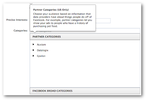 categorias amplas de parceiros do Facebook