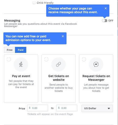 O Facebook parece estar testando a opção de permitir que as pessoas façam perguntas via Facebook Messenger, adicionar gratuitamente ou opção de admissão paga para um evento, e definir uma faixa de preço de venda ao configurar um evento no Facebook Página.
