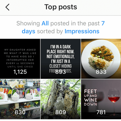 O Instagram Insights mostra suas seis principais postagens dos últimos sete dias.