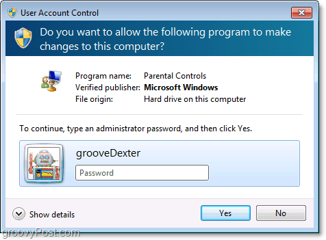 você pode substituir uma reestruturação do controle dos pais no Windows 7 digitando uma senha de administrador