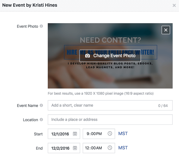 Preencha esses detalhes para criar um evento no Facebook.