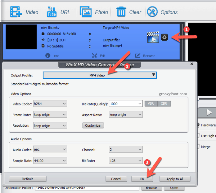 Alterar as configurações do perfil de saída para um arquivo de saída WinX