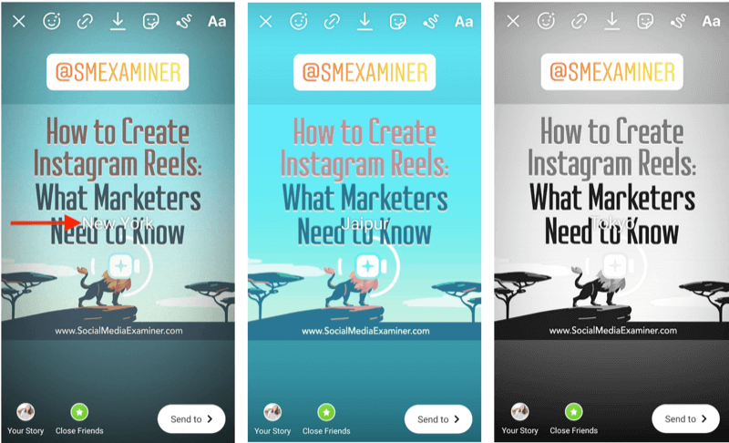 exemplo de filtros de histórias do Instagram com um adesivo adicionado com o nome do filtro exibido e destacado para identificação