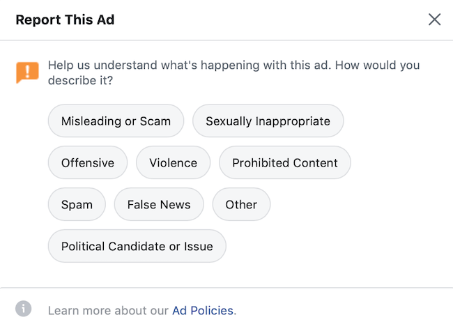 opções do usuário para comentários de anúncios do Facebook