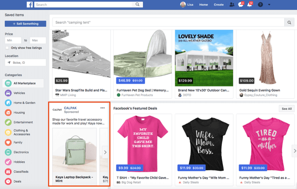 As páginas também podem exibir anúncios no Facebook Marketplace.