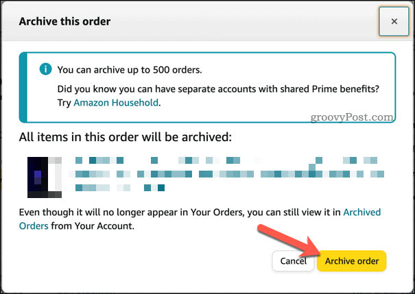 Confirmando o arquivamento do pedido na Amazon