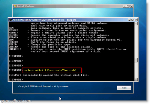 Instalação do VHD nativo do Windows 7: instalação dupla, selecione o VHD no prompt do CMD