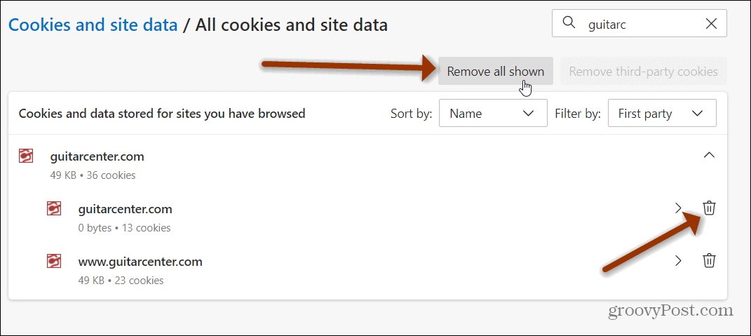 remova todos os cookies mostrados na borda