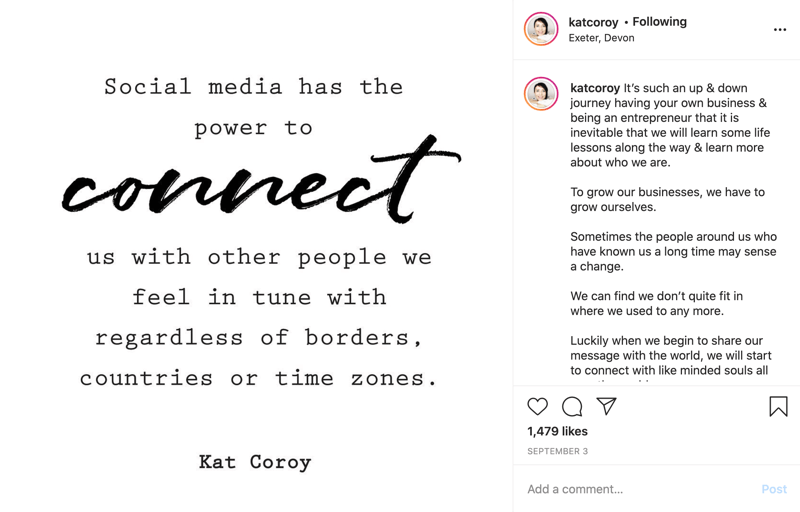exemplo de uma postagem de citação do instagram com texto principalmente em fonte de bloco com algumas palavras no texto do script para dar ênfase