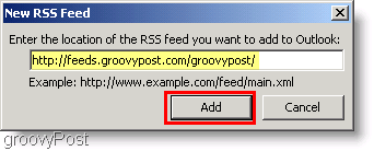 Screenshot Microsoft Outlook 2007 - Digite o novo feed RSS