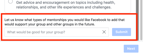 Como melhorar sua comunidade de grupo no Facebook, opção de sugerir uma opção de categoria de mentoria em grupo para o Facebook