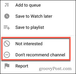 Interromper uma recomendação de vídeo ou canal do YouTube