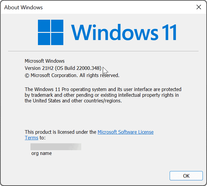 Versão e compilação do Windows 11 via comando winver