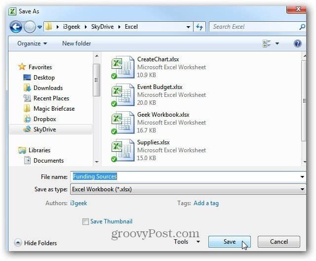 Salvar documento do Excel no SkyDrive