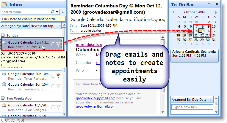 Barra de tarefas do Outlook 2007 - Arraste o email para o calendário