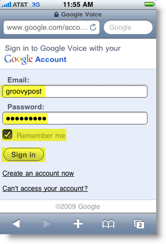 Página de logon do Google Voice Mobile