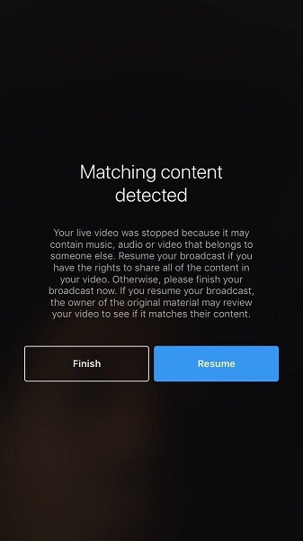 O Instagram agora interromperá um vídeo ao vivo se detectar que o conteúdo de áudio, música ou vídeo que está sendo transmitido infringe os direitos autorais de outra pessoa.