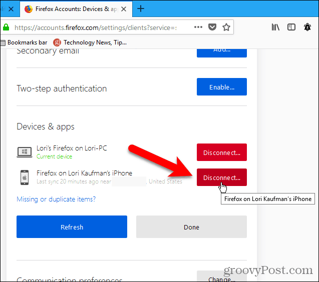 Desconecte um dispositivo usando o Firefox para Windows
