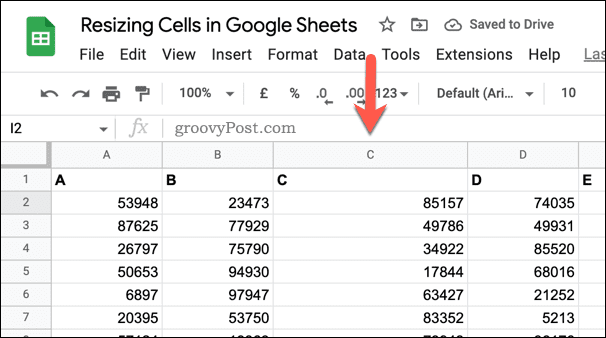 Um exemplo de uma coluna redimensionada no Planilhas Google