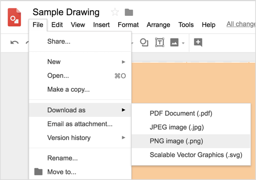 Escolha Arquivo> Baixar como> Imagem PNG (.png) para baixar o design do Desenhos Google.